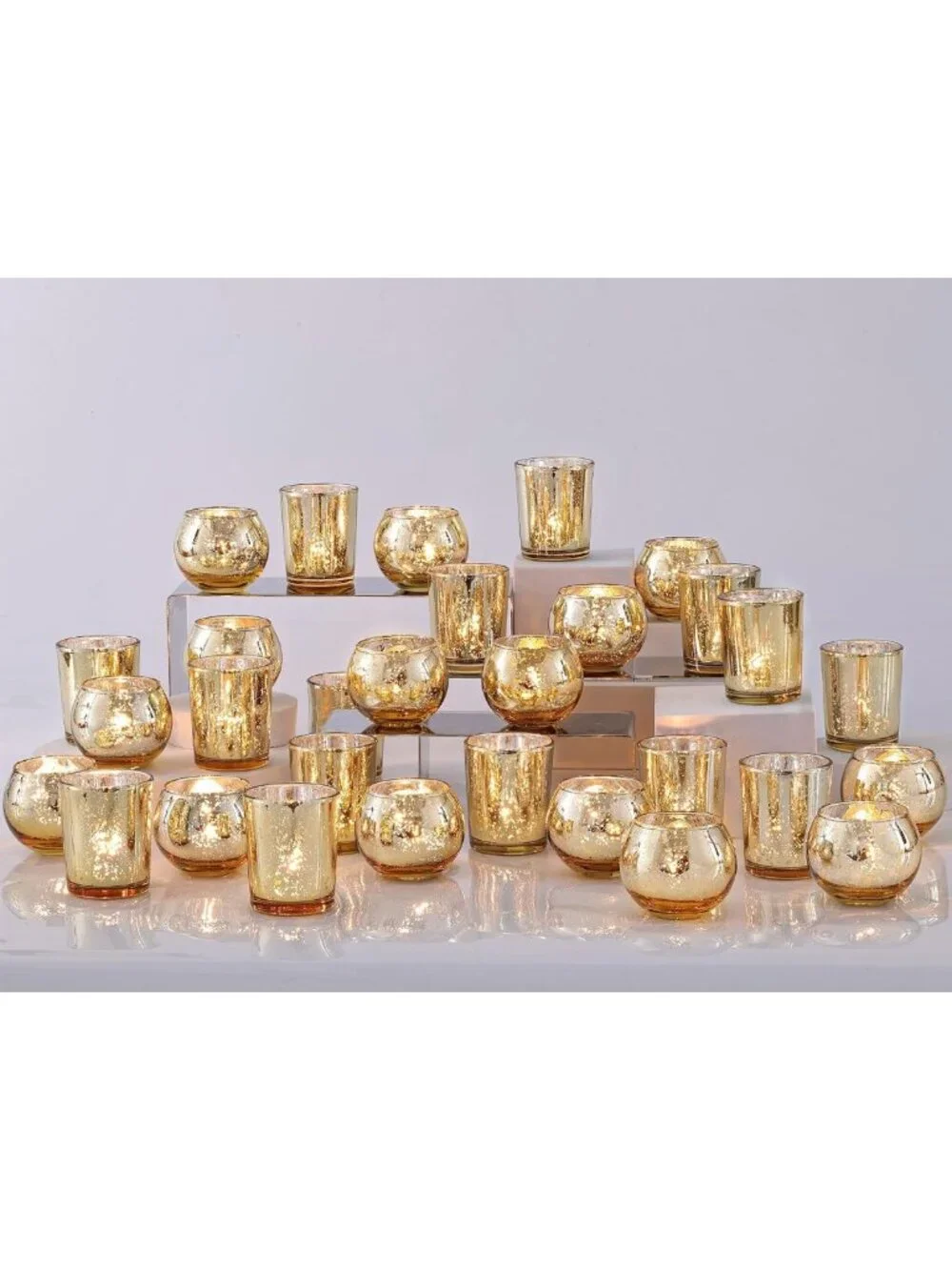 48PCS Gold Votive Candle Holders Set - Mercury Glass Tea Light Holders for